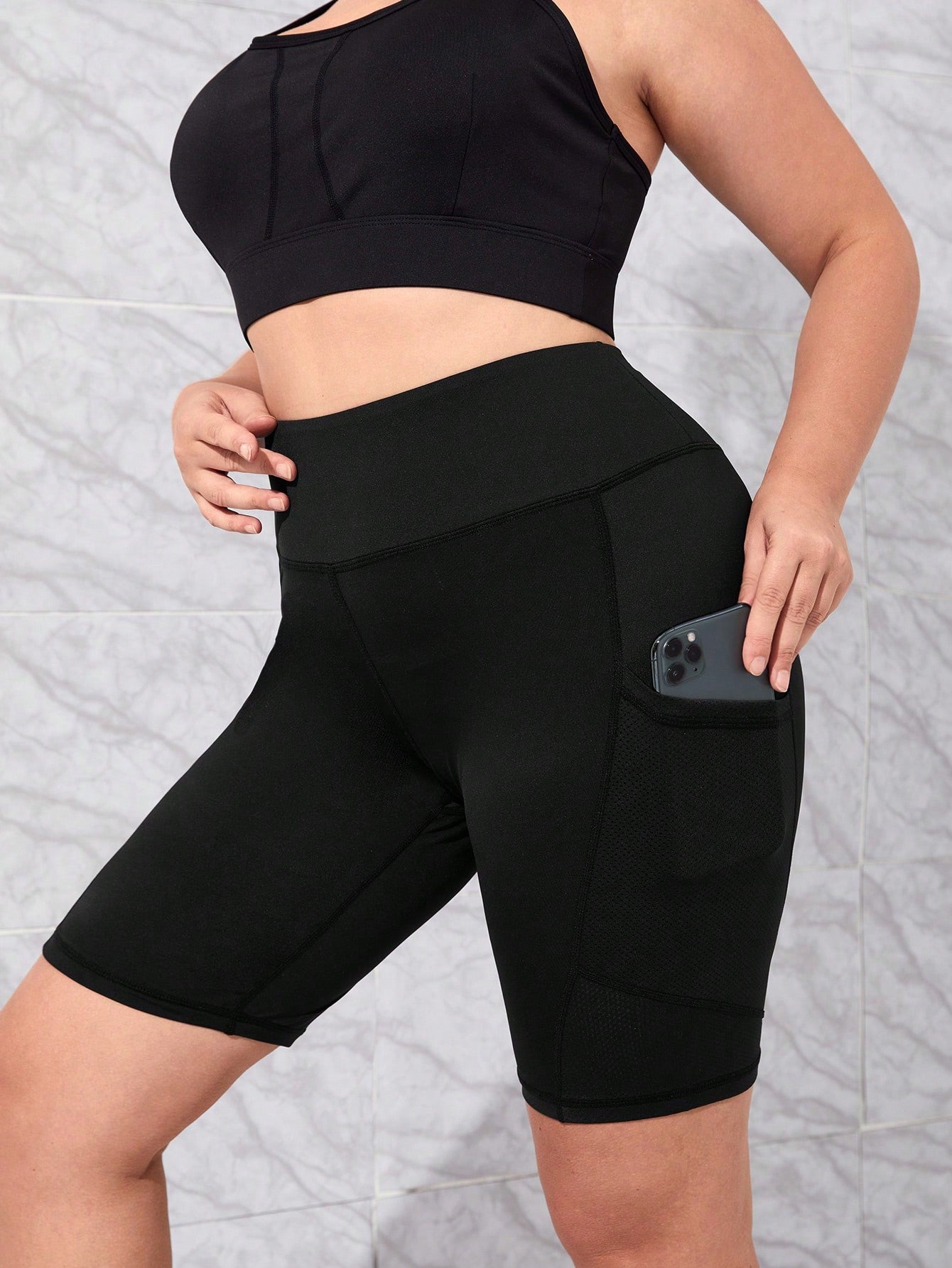 Plus Wideband Waist Biker Shorts With Phone Pocket