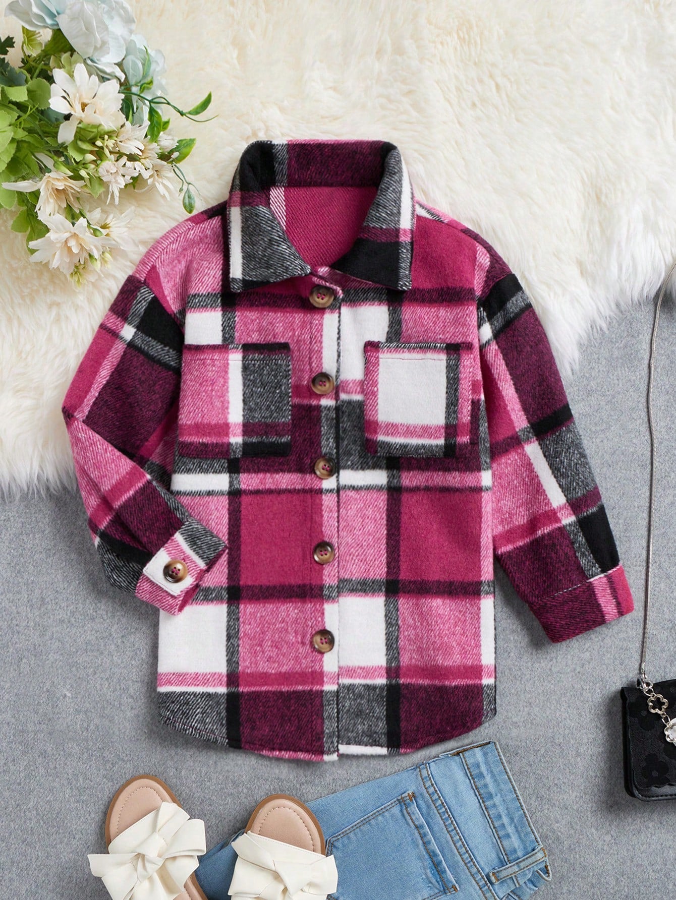 Young Girl Plaid Print Pocket Patched Overcoat