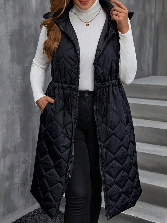 Plus Drawstring Waist Hooded Vest Quilted Coat