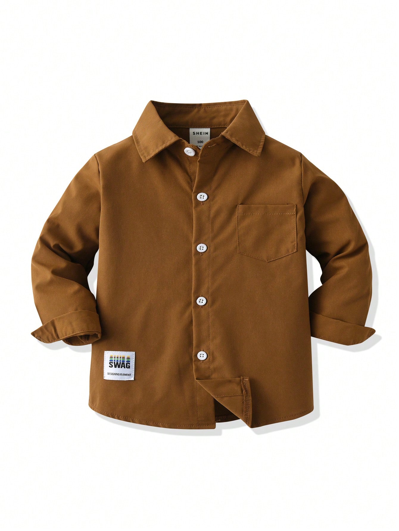 Young Boy's Casual & Comfortable Solid Color Long Sleeve Shirt, Exquisitely Decorated With Little Labels, Can Be Paired With Casual Pants, Suitable For Daily Casual Wear, Travel, Parties, Festivals, And School. A Versatile Shirt Suitable For Spring And Au