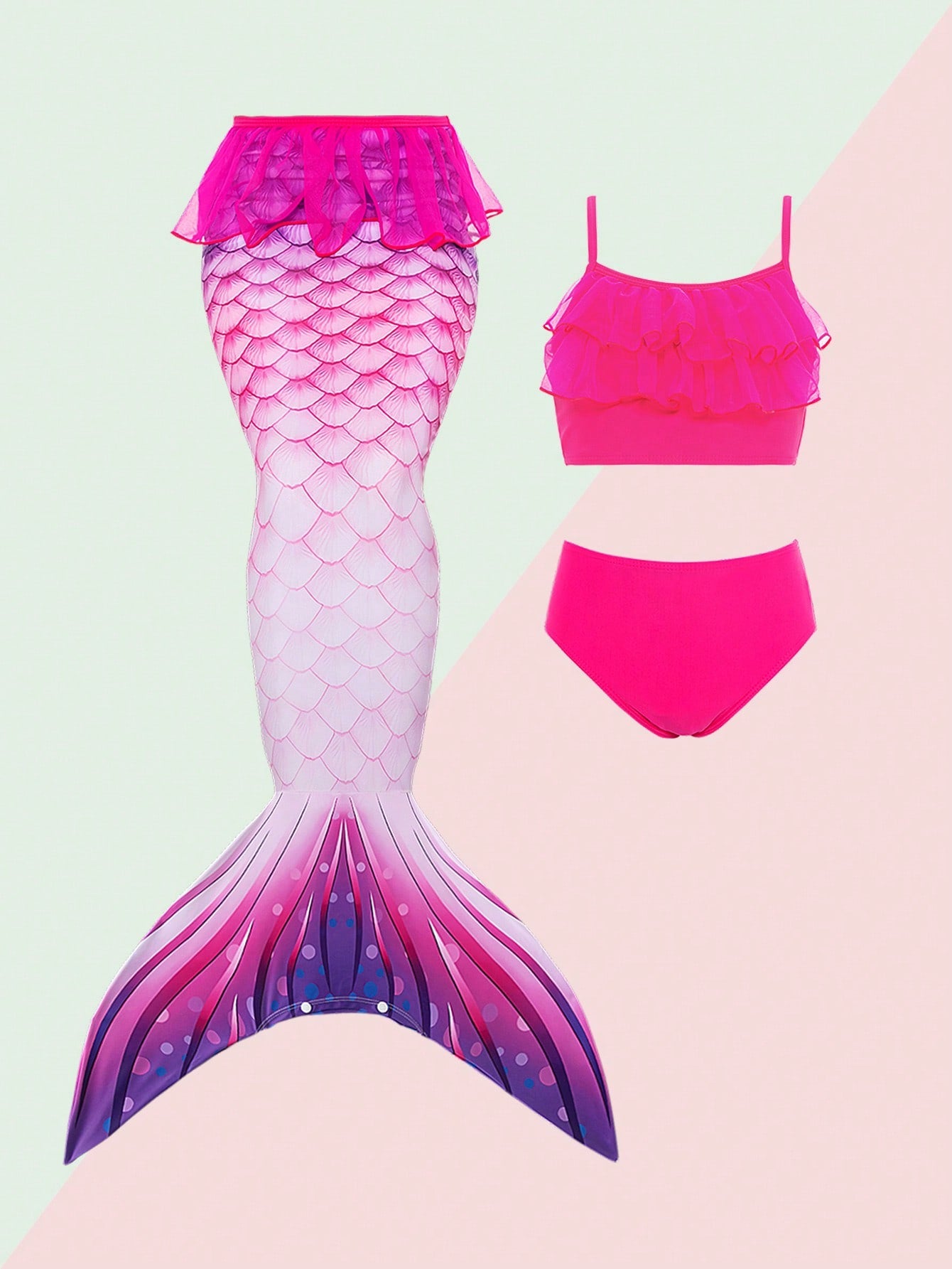 Young Girl Mermaid Shape 3pcs Swimsuit Set, With Top, Briefs And Mermaid Tail, For Beach Vacation