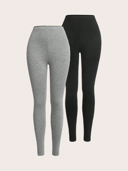 2pcs Solid Elastic Waist Leggings