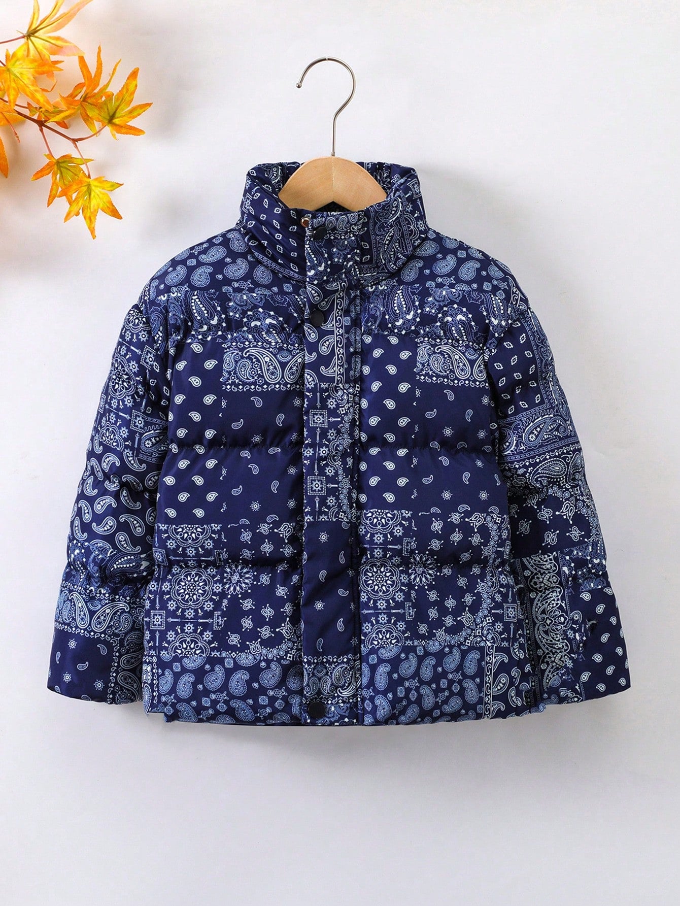 Young Boy Paisley Scarf Print Zip Up Puffer Coat