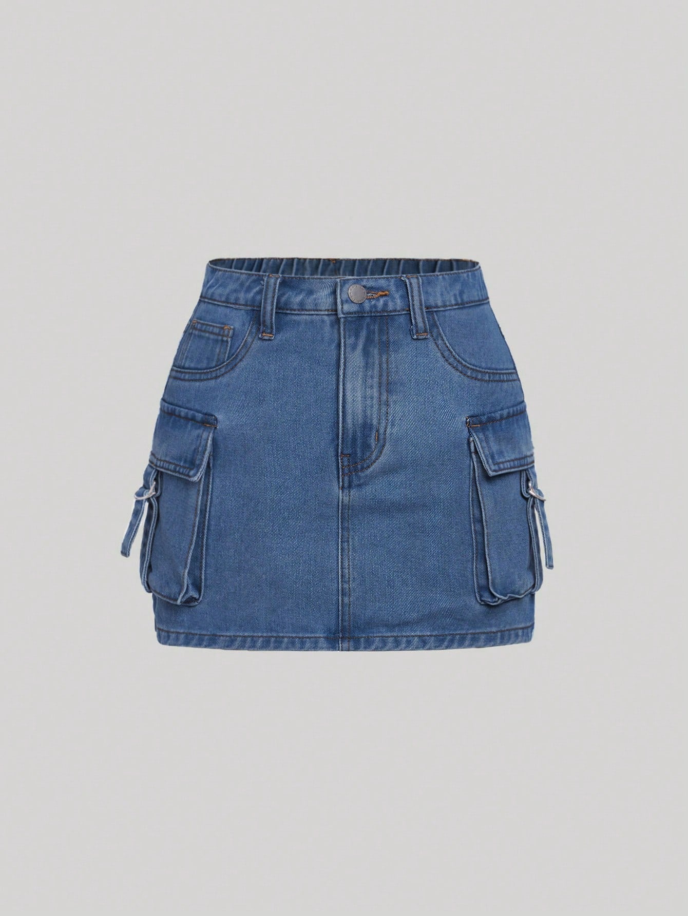 Teen Girl Flap Pocket Buckle Detail Denim Skirt