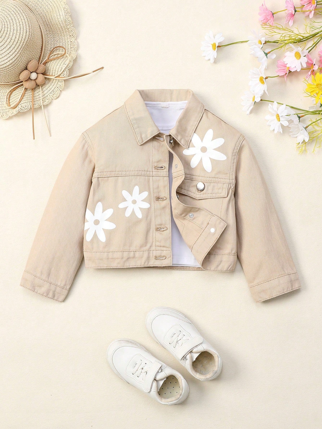 Young Girl Floral Print Flap Detail Denim Jacket Without Tee