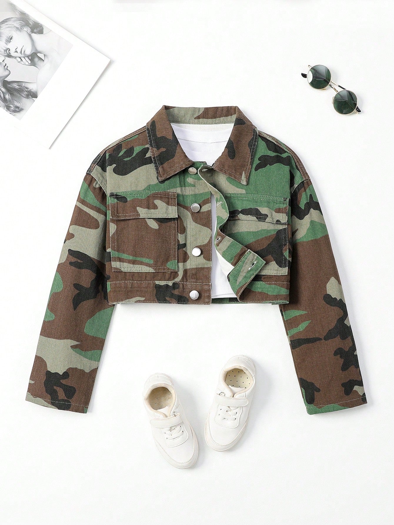 Tween Girls' Short Style Camouflage Denim Jacket