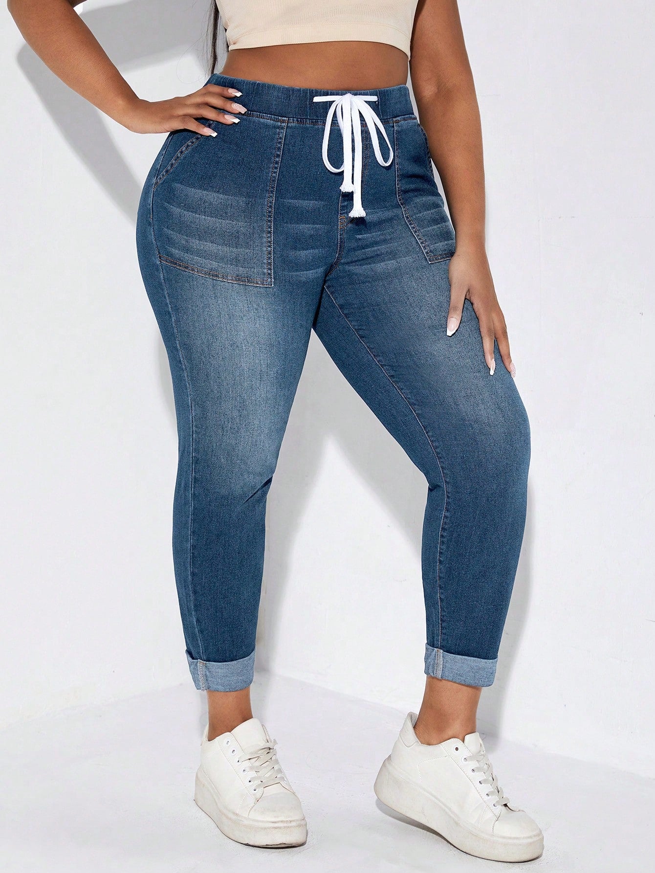 Plus Drawstring Waist Roll Up Hem Skinny Jeans