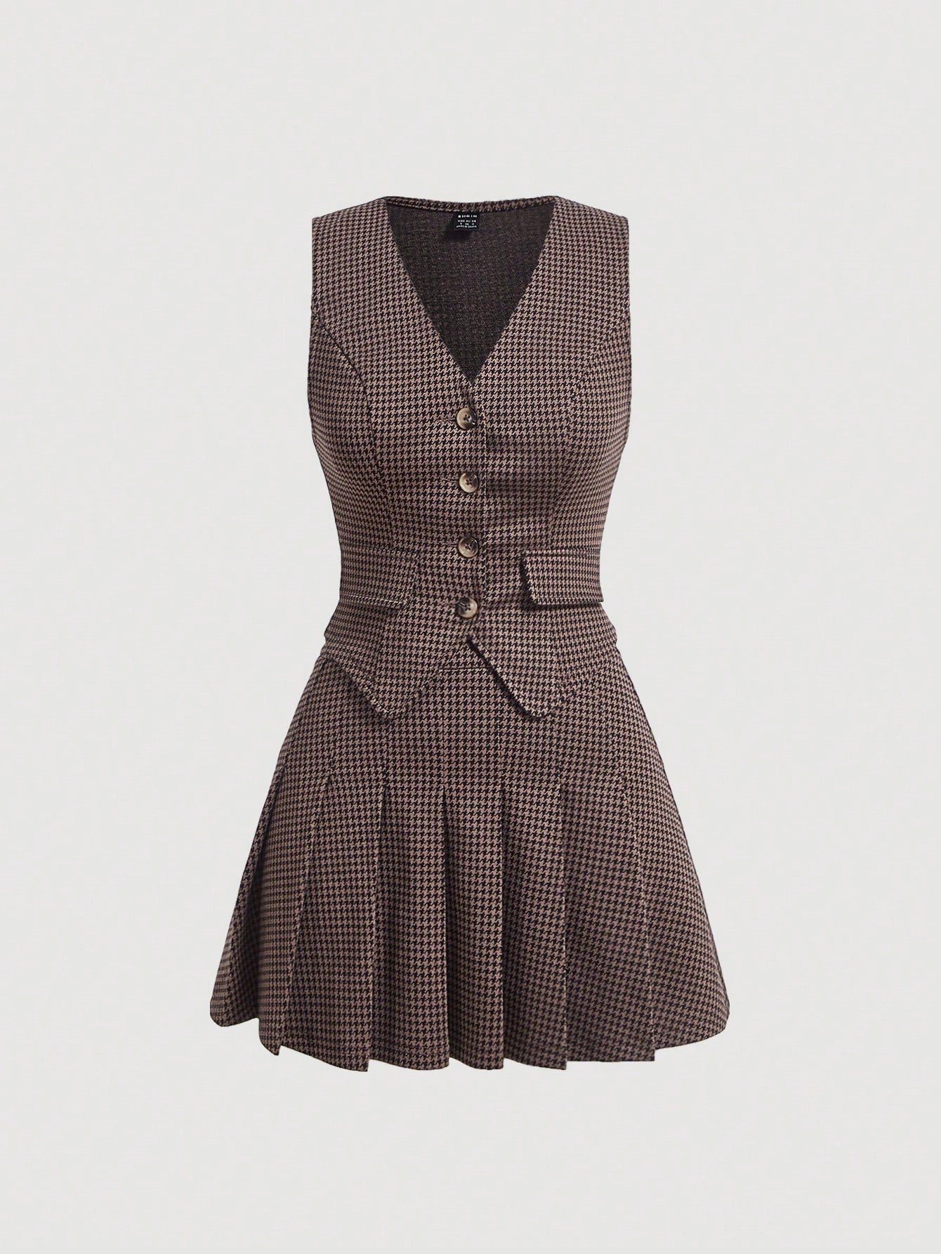 Houndstooth Print Button Front Vest Blazer & Pleated Skirt