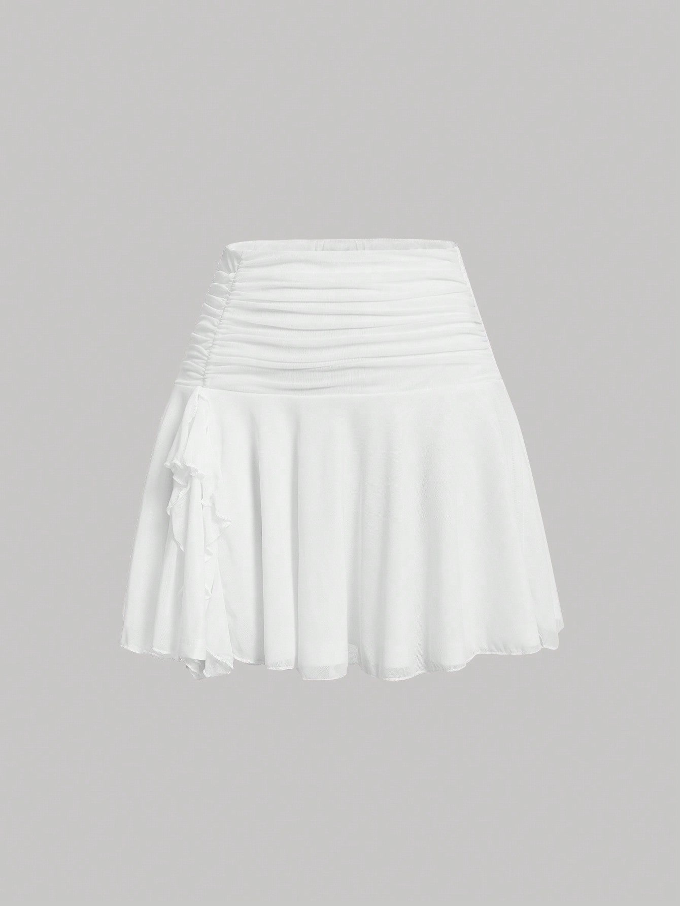 Drawstring Ruched Ruffle Hem Chiffon White Short Skirt