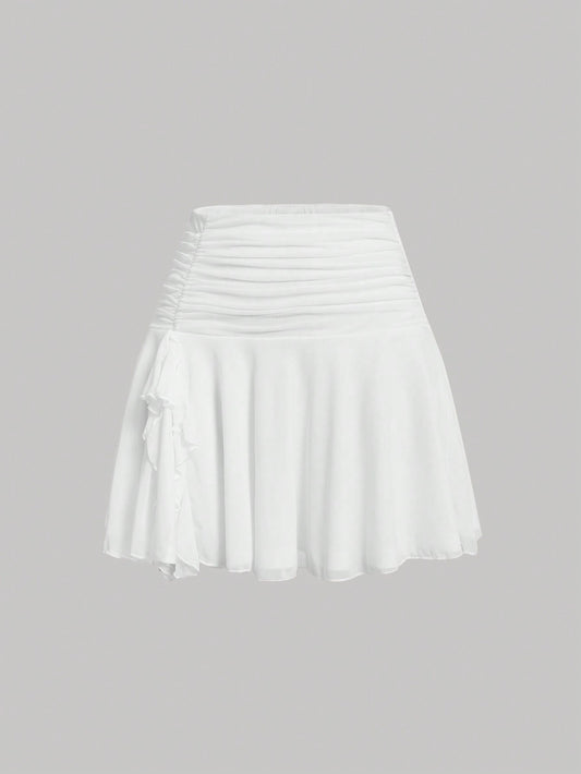 Drawstring Ruched Ruffle Hem Chiffon White Short Skirt