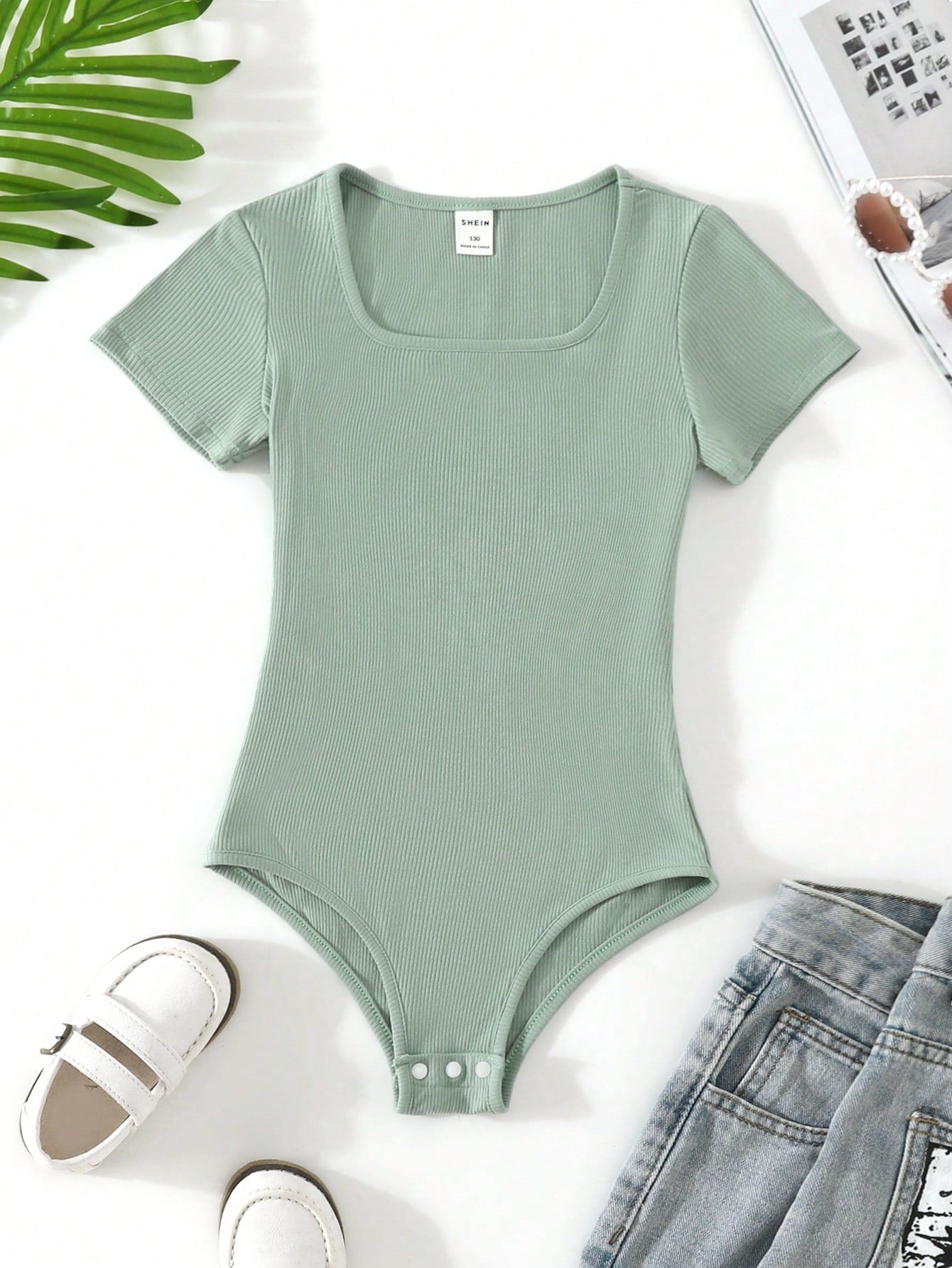 Tween Girl 2pcs Solid Ribbed Knit Bodysuit