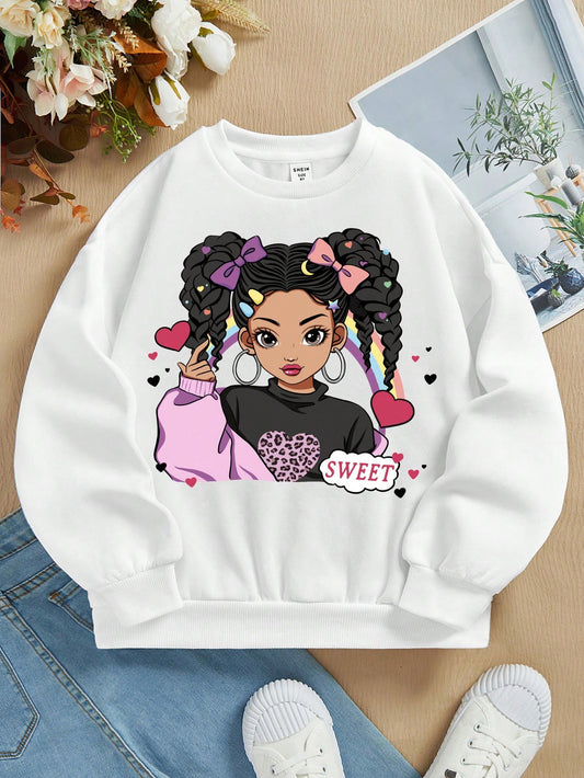 Tween Girl Casual Minimalist Cartoon Pattern Long Sleeve Sweatshirt, Suitable For Autumn And Winter