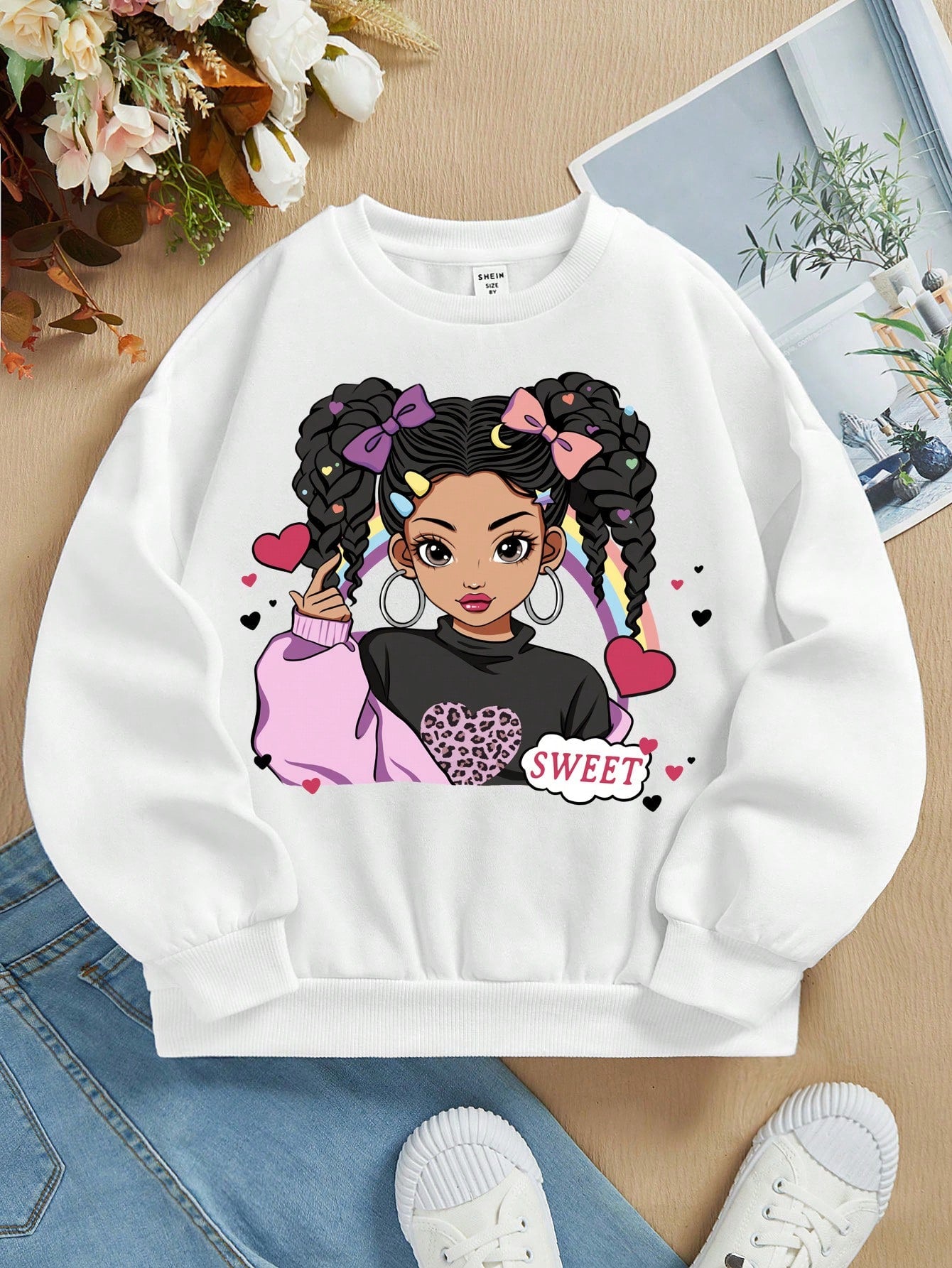 Tween Girls' Casual Printed Long Sleeve Round Neck Sweatshirt, Suitable For Autumn And Winter