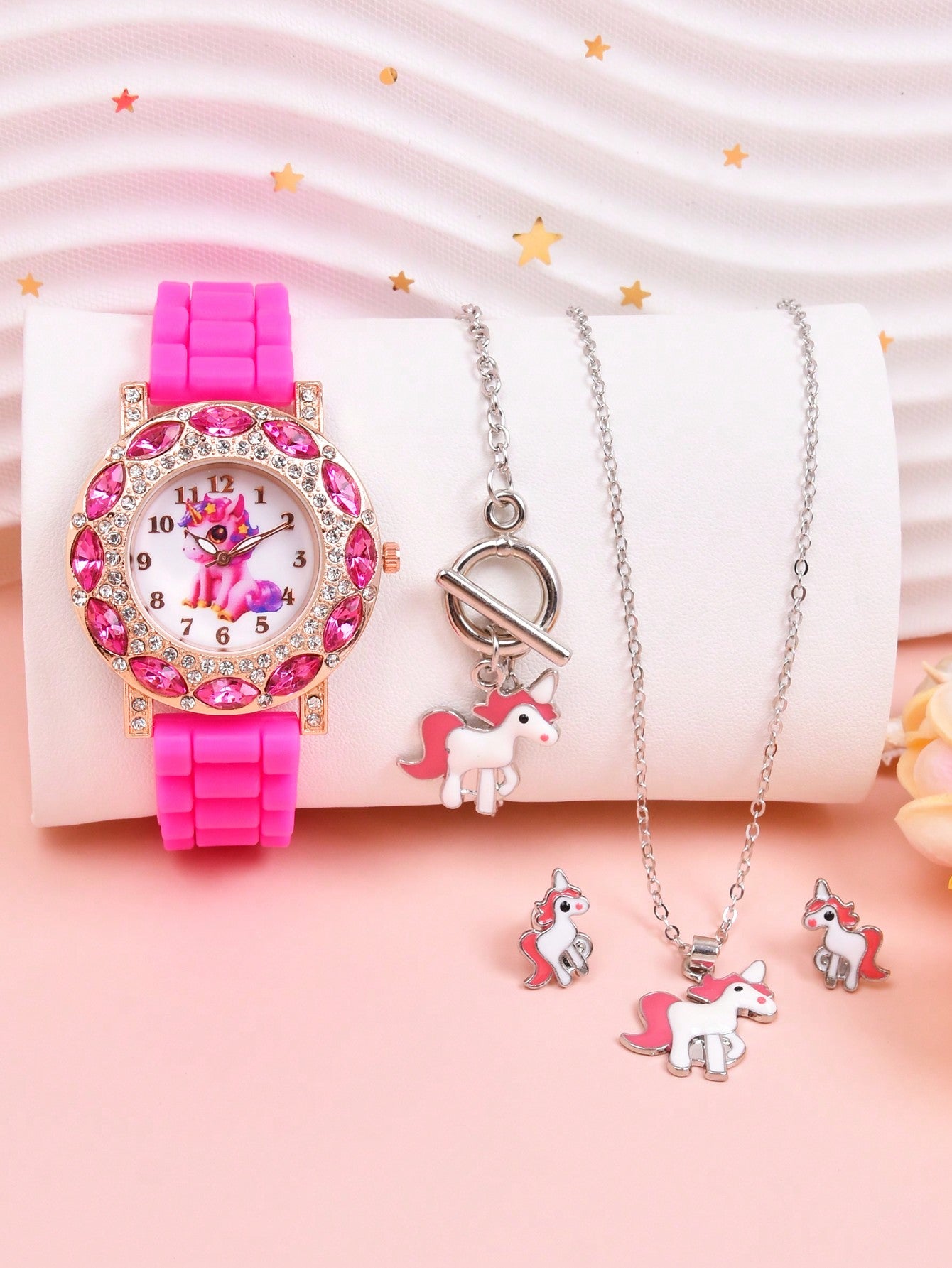 Cross-border Luxury Pink Rhinestone Cartoon Unicorn Girls' Watch Student Quartz Wristwatch Pendant Necklace Bracelet Earrings Set, 5pcs