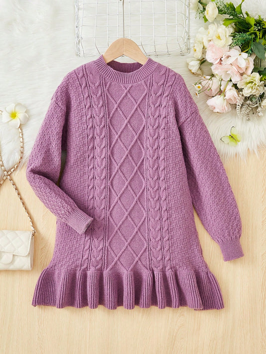 Tween Girl Cable Knit Ruffle Hem Sweater Dress