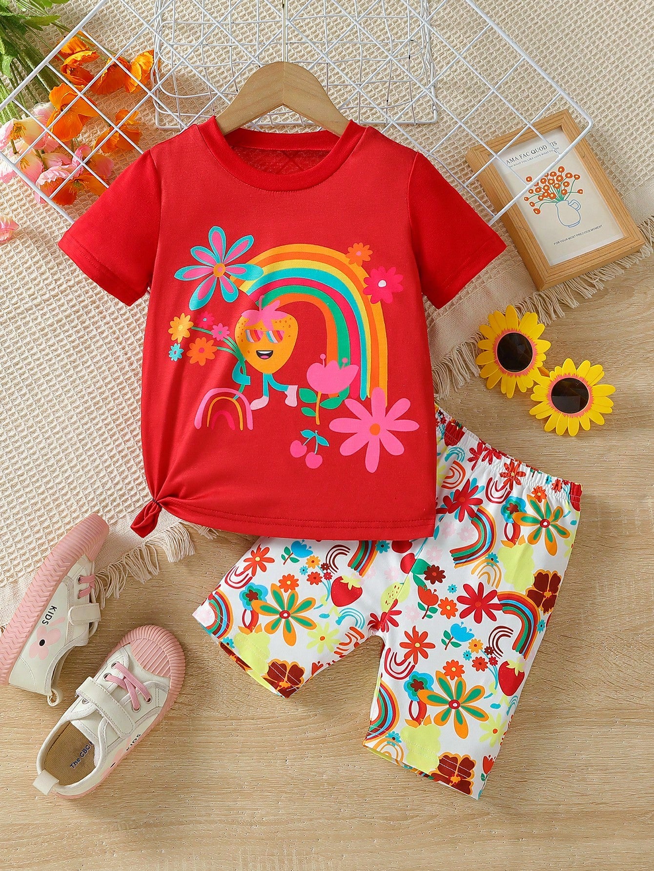 Young Girl Unicorn Printed Short Sleeve T-Shirt And Shorts Set, Summer