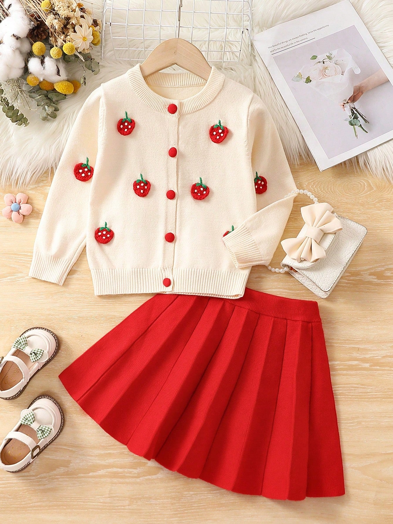 Young Girl Strawberry Appliques Cardigan & Pleated Sweater Skirt