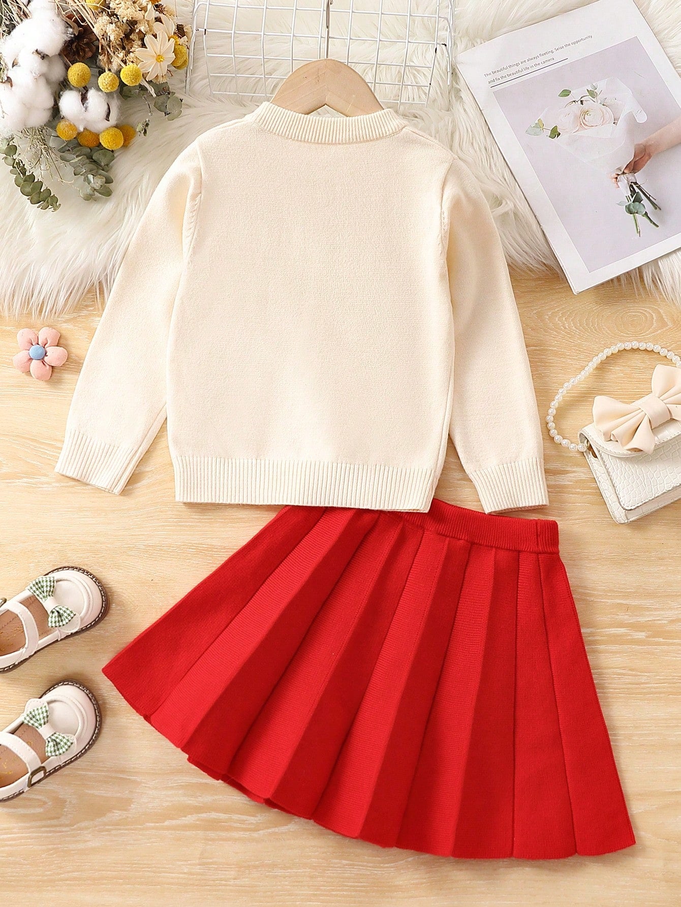 Young Girl Strawberry Appliques Cardigan & Pleated Sweater Skirt