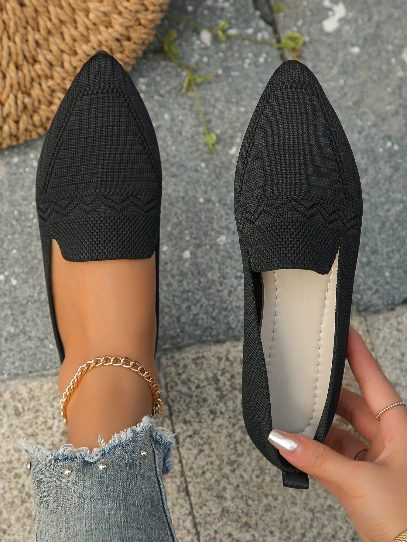 Women Geometric Graphic Point Toe Flats, Elegant Faux Suede Loafer Flats For Outdoor