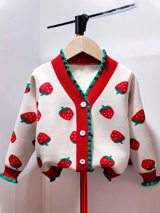 Young Girl 1pc Casual & Cute Strawberry Pattern V-Neck Knitted Cardigan With Fleece Lining