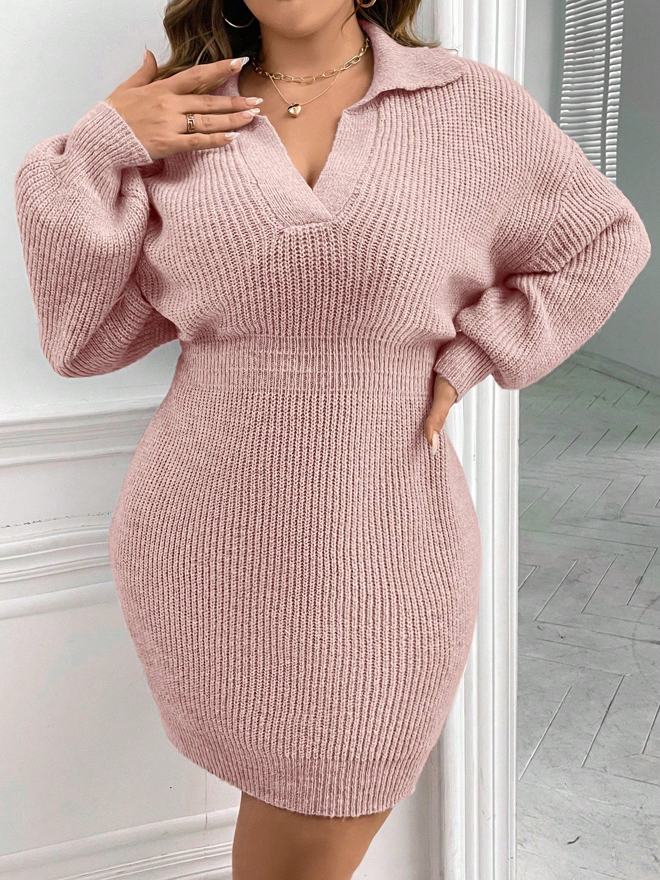 Plus Drop Shoulder Ribbed Knit Sweater Dress