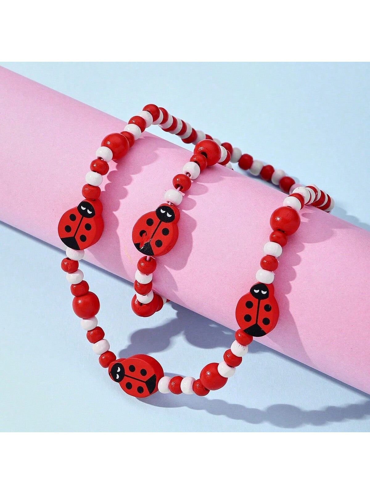 2pcs Children's Wooden Beaded Jewelry Set For Girls, Including 1pc Necklace With Ladybug Pendant And 1pc Bracelet, Great Holiday Party Gift, Toy Decoration For Kids