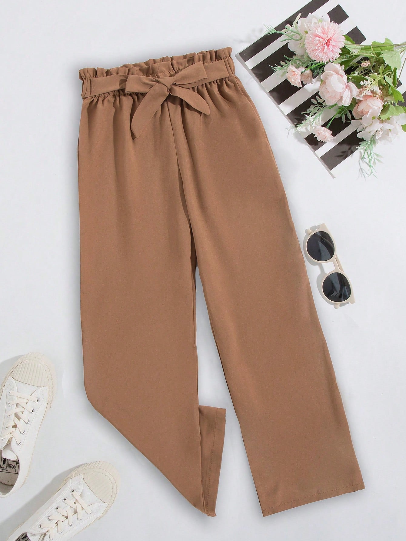 Tween Girl New Fashion Navy Blue Straight Pants With Bow Belt, Suitable For All Seasons Daily Wear