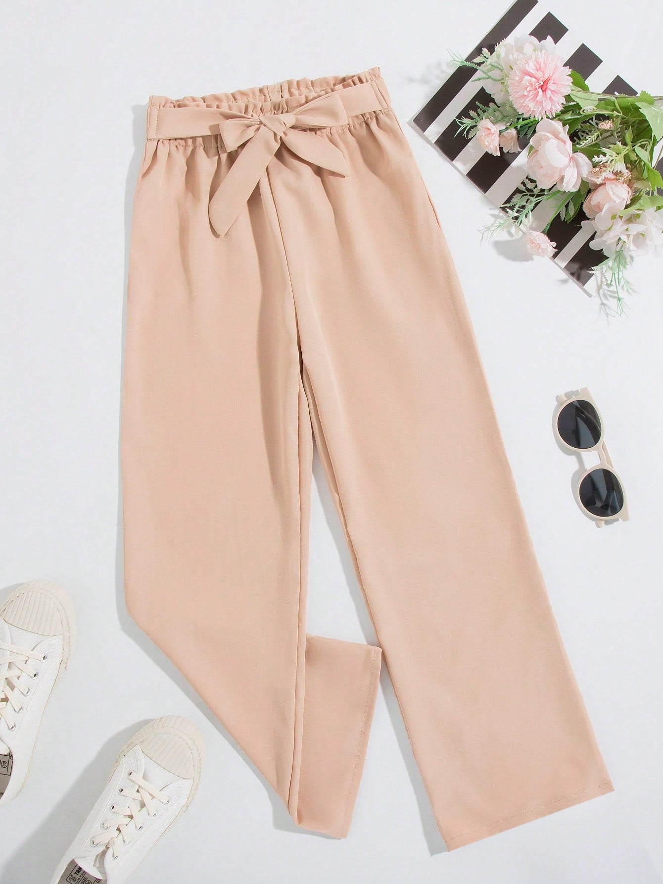 Tween Girl Fashionable All-Match Light Brown Straight Leg Pants With Bow Waist Belt, Suitable For All Seasons And Daily Wear