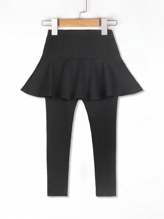 Young Girl Faux 2-Piece Skirt And Tight-Fitting Pants, Black, Cute And Sweet Style, Solid Color, For Spring And Autumn