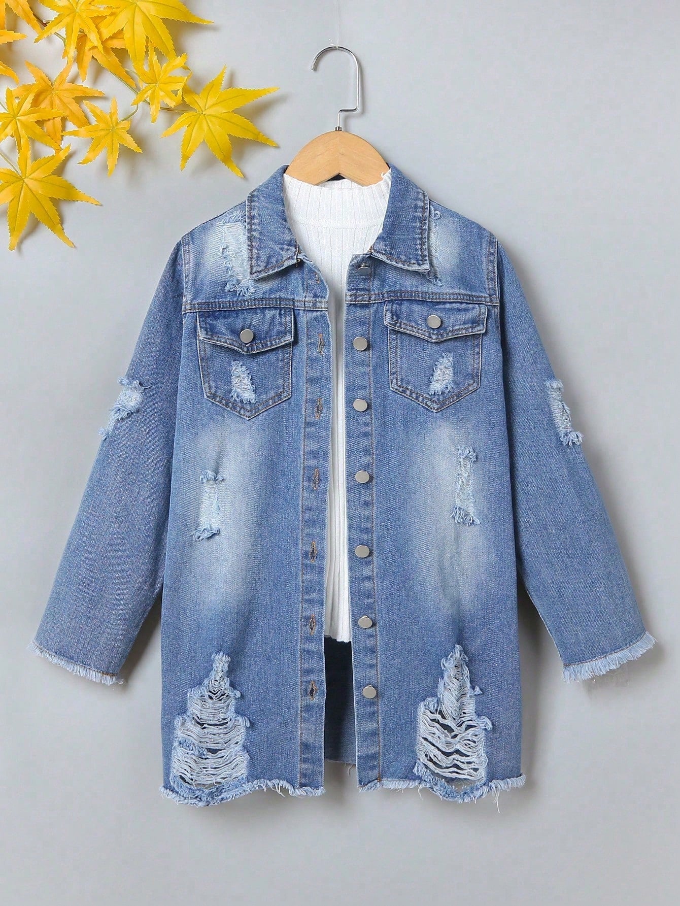 Tween Girl Ripped Raw Hem Denim Jacket Without Tee