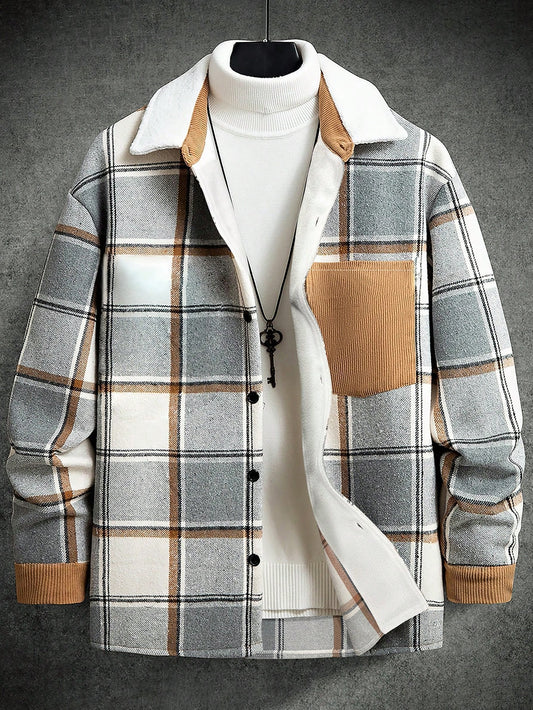 Loose Fit Men's Plaid Patched Pocket Drop Shoulder Overcoat