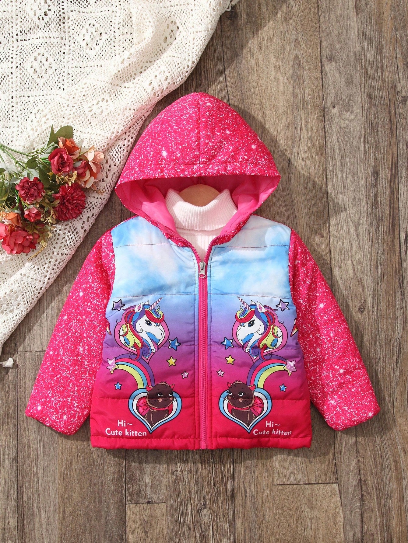 Young Girl Unicorn Print Hooded Padded Coat