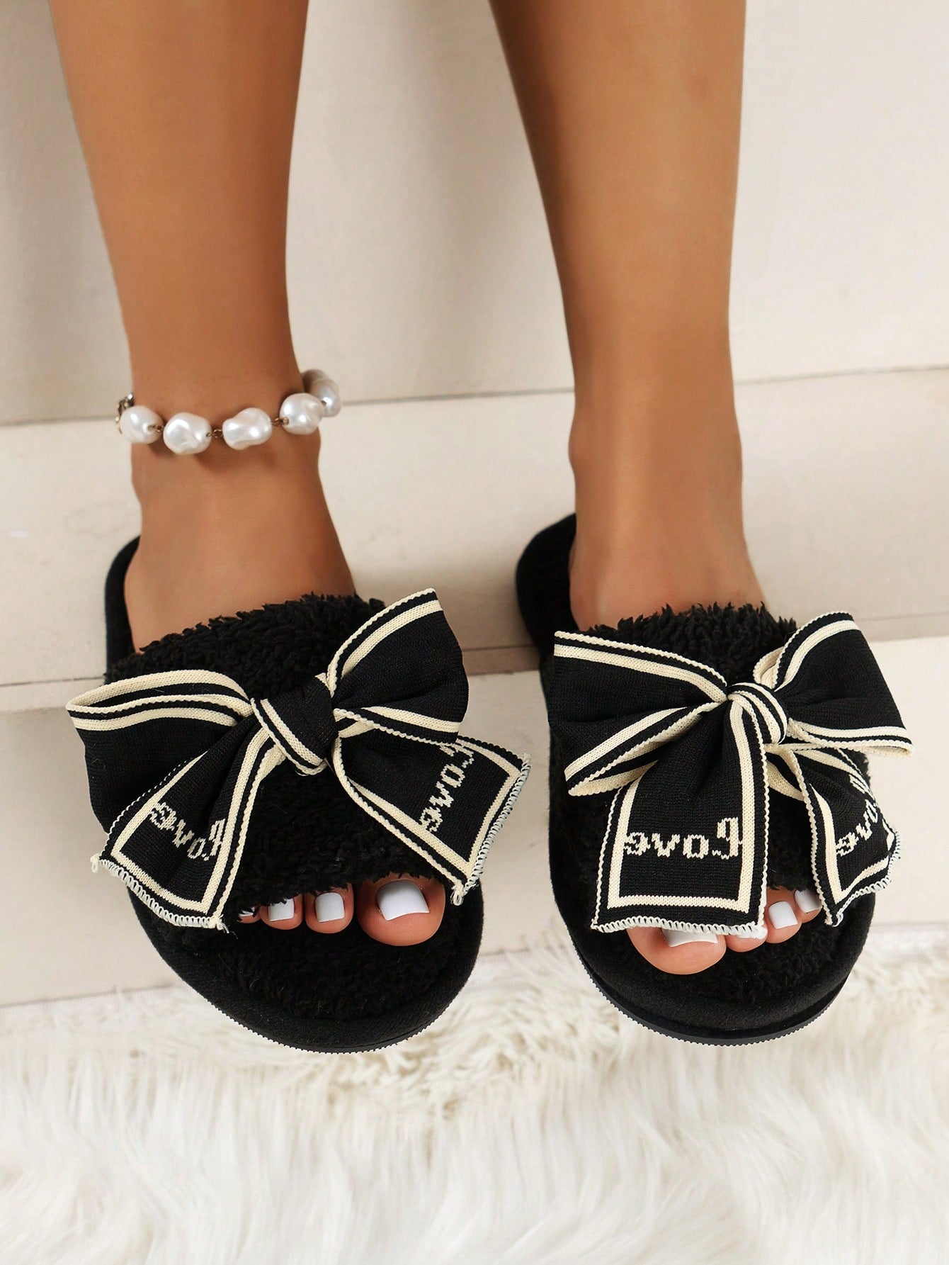 Women's Home Plush Slippers, Silent & Bowknot Decor & Anti-slip, Slight Color Difference Due To Computer/phone Monitor