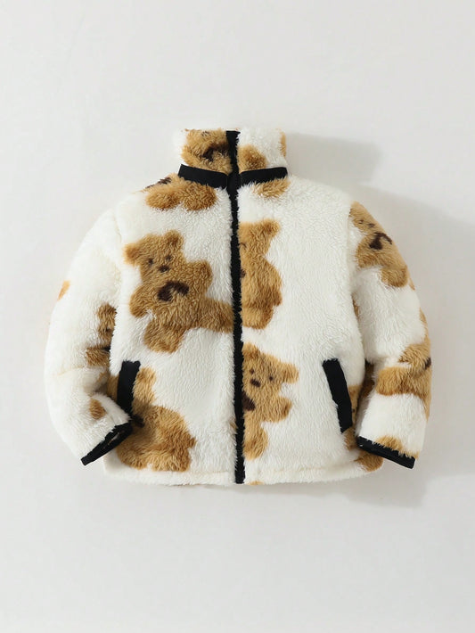 Young Boy Bear Pattern Contrast Binding Teddy Coat