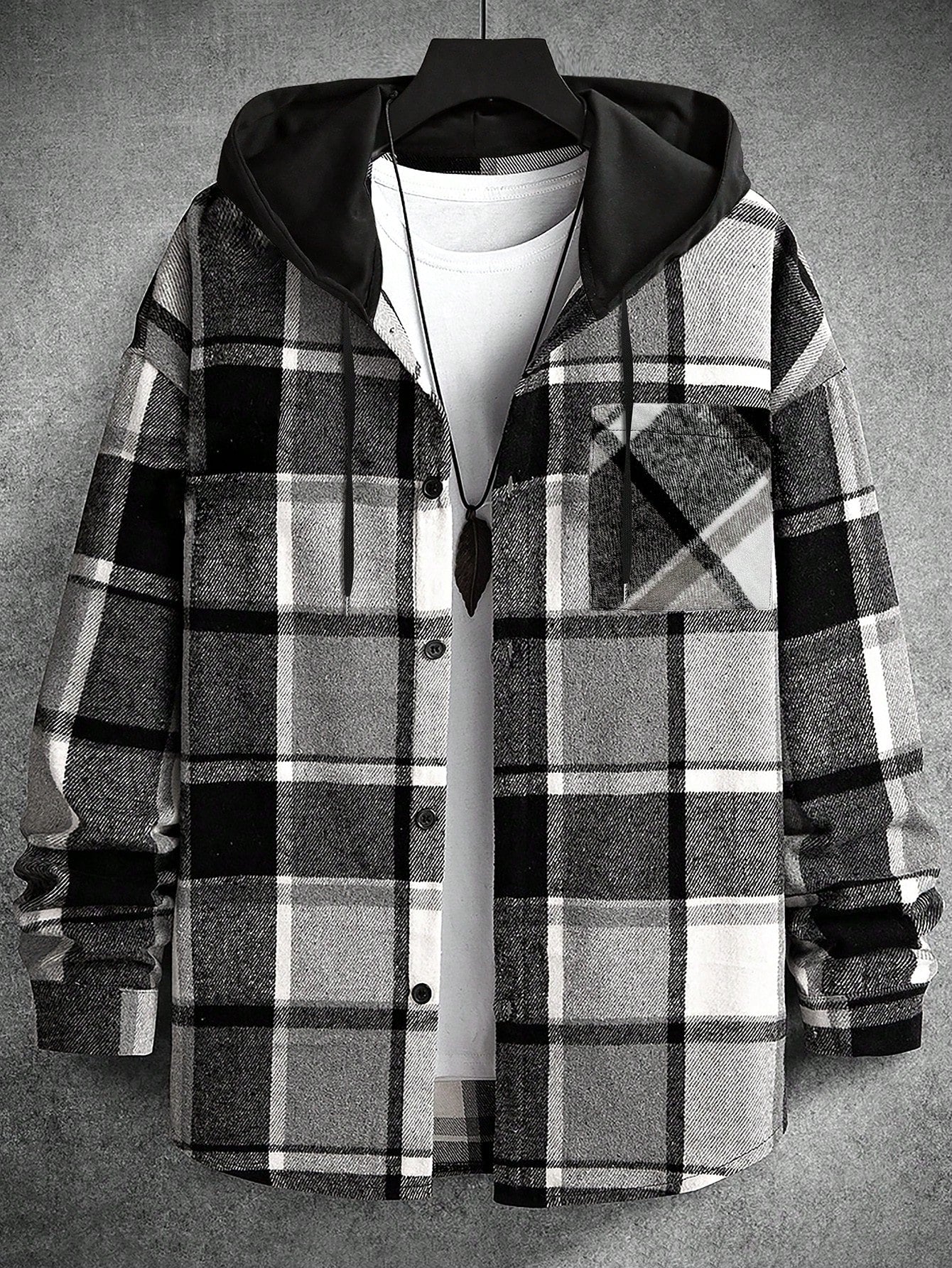 Men Plaid Print Drawstring Hooded Shacket Without Tee