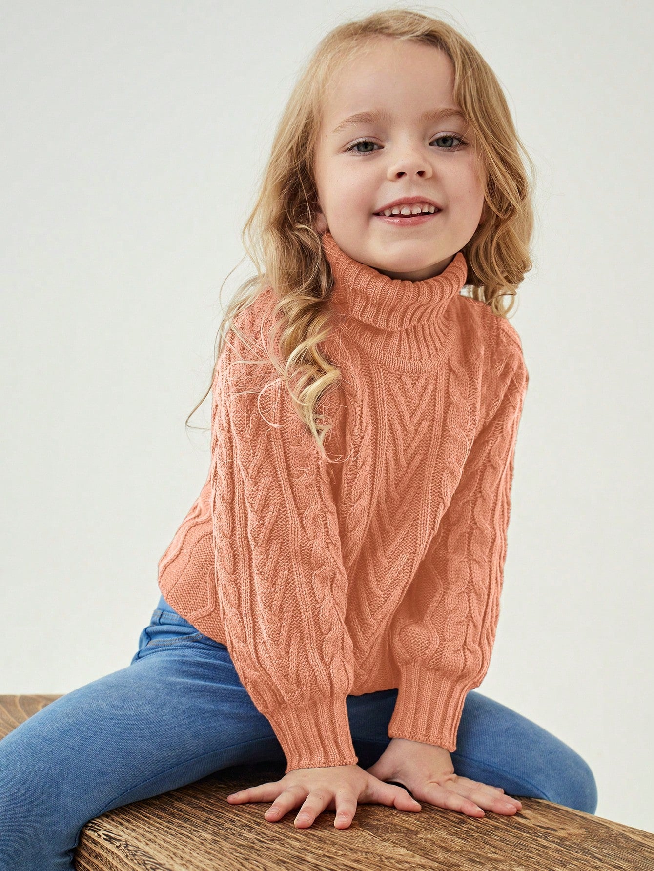 Young Girl Funnel Neck Cable Knit Sweater