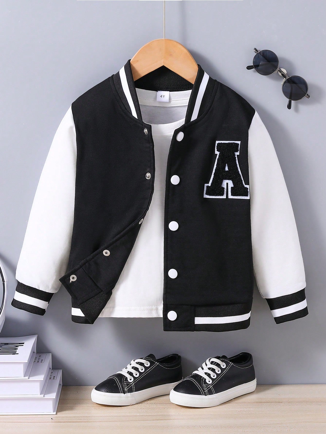 Young Boy Color Block Varsity Jacket With Letter Patch