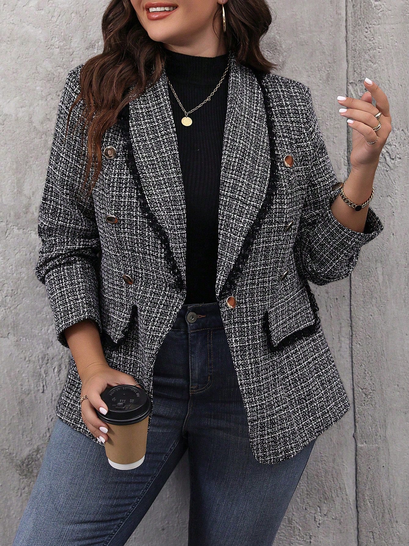 Plus Plaid Pattern Shawl Collar Double Breasted Tweed Blazer