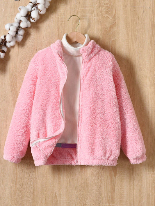 Tween Girl Rainbow Pattern Drop Shoulder Teddy Jacket