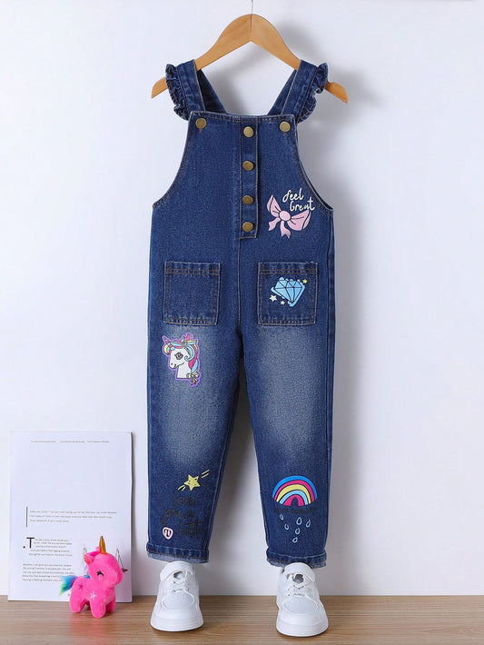 Young Girl Unicorn & Rainbow Print Dual Pocket Denim Overall Jumpsuit