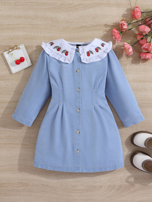 Young Girl Cherry Embroidery Sailor Collar Fold Pleated Detail Denim Shirt Dress