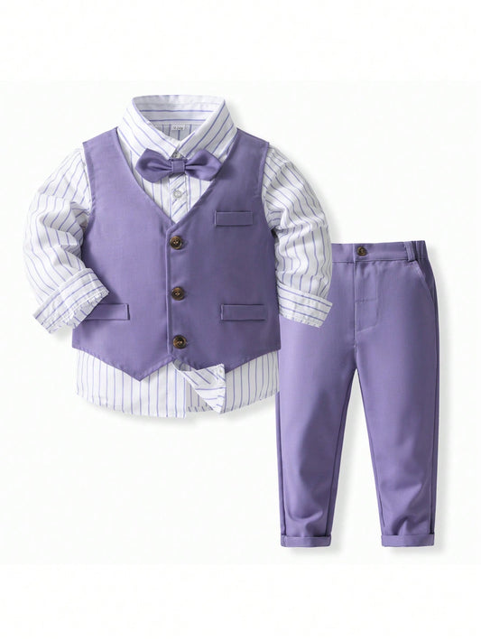 Young Boy Suit With Striped Long Sleeve Shirt & Vest & Pants For Performace Flower Boy Dress