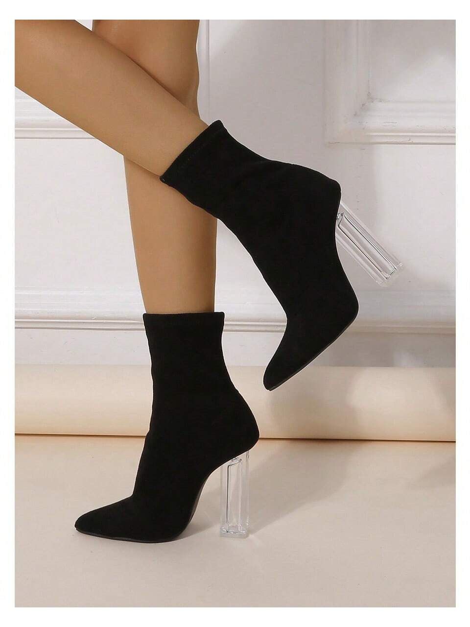 Women Elegant Clear Chunky  Ankle Boots, Point Toe Heeled Black Boots, Winter Outfits, Winter Shoes