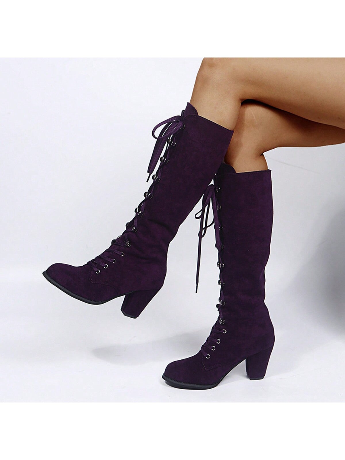 Women Fashionable Lace-Up Chunky Suede Mid-Calf Boots, Winter Boots, High Heels, Woman Shoes Fall