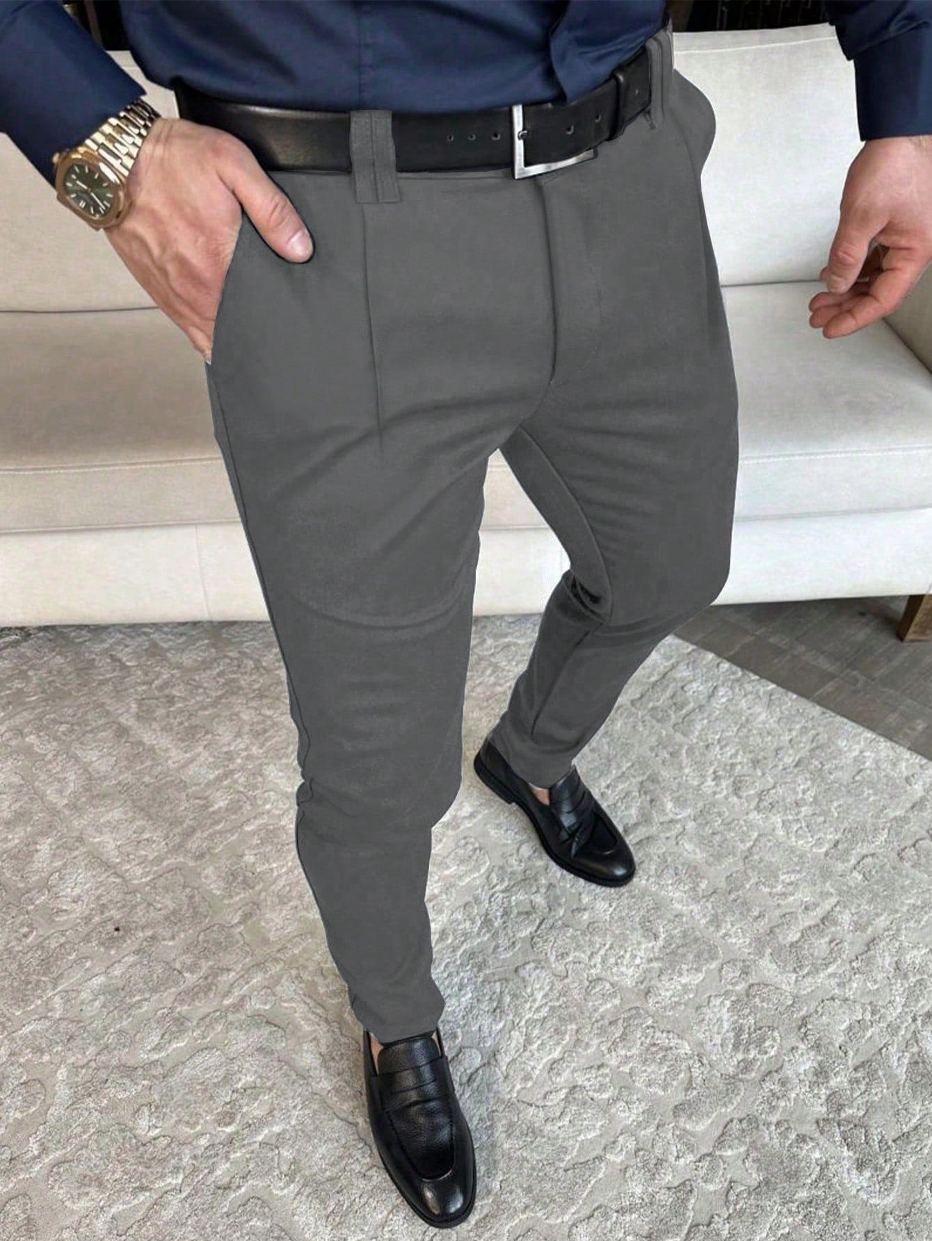 Men Slant Pocket Suit Pants Without Belt