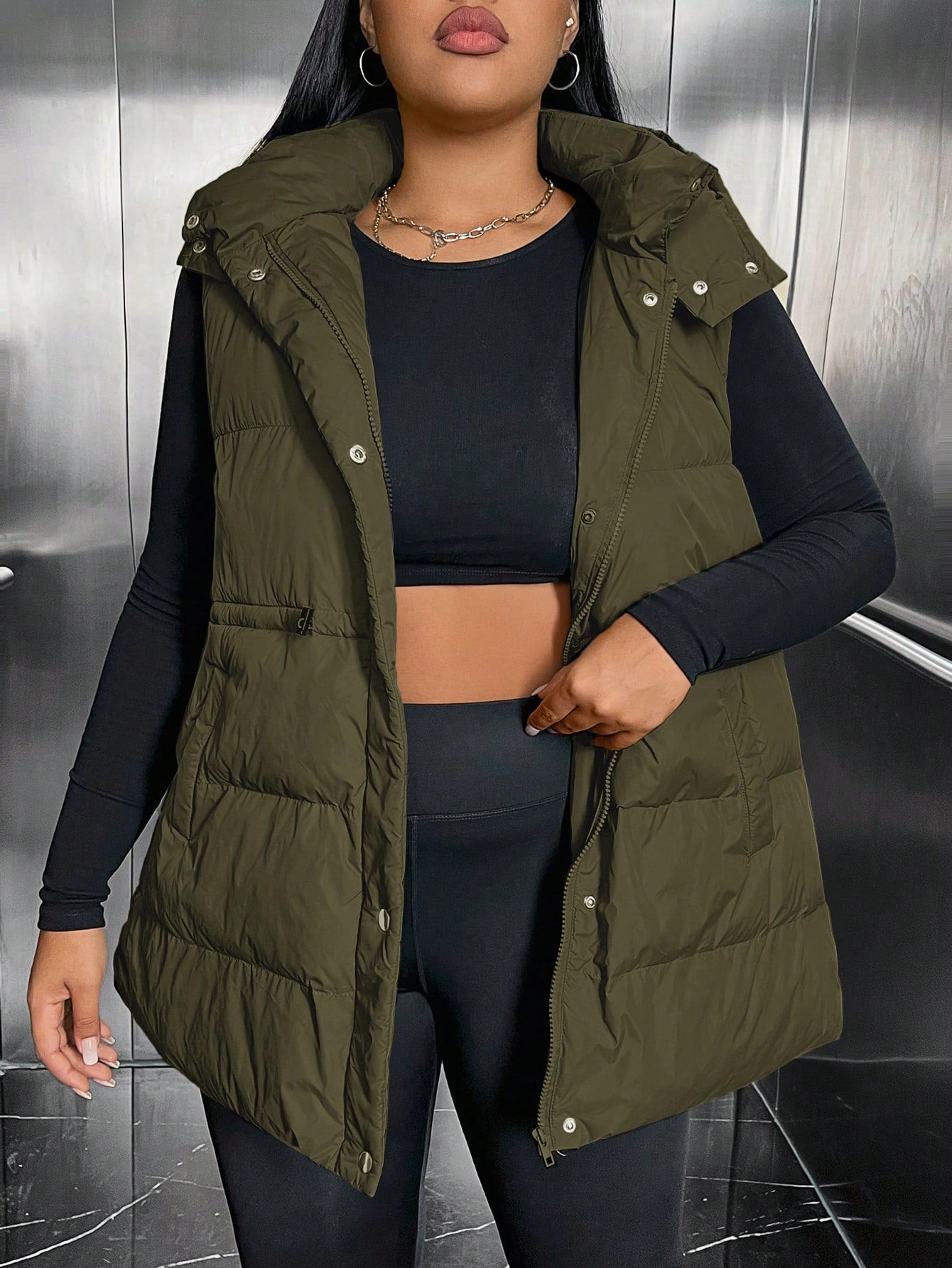 Plus Drawstring Waist Hooded Puffer Vest Coat