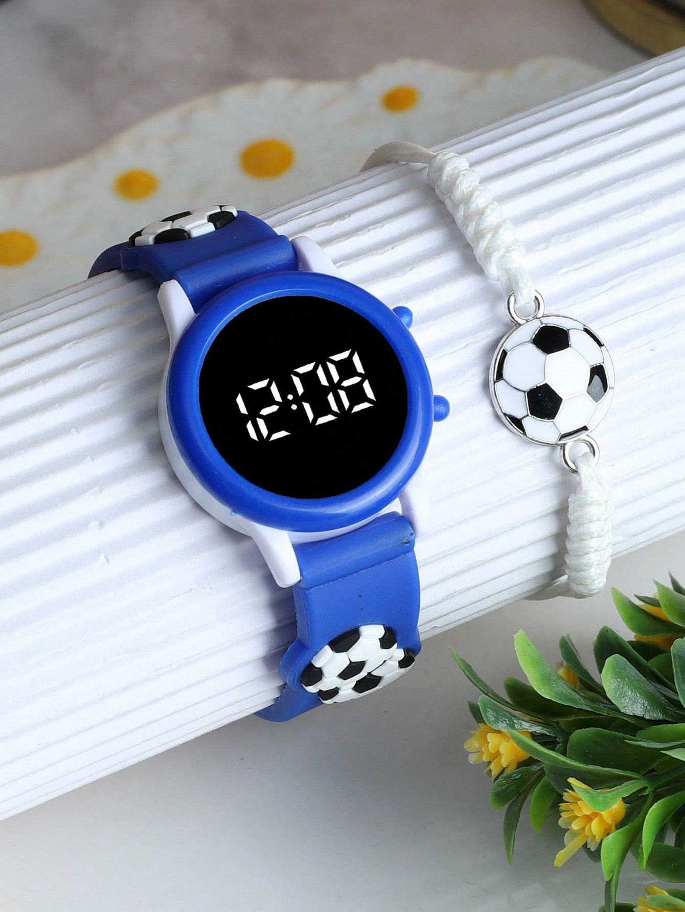 1pc Dry Battery Powered Led Football Printed Circular Cute Wristband Watch & 1pc Football Printed Bracelet Suitable For Daily Wear, Boys & Girls