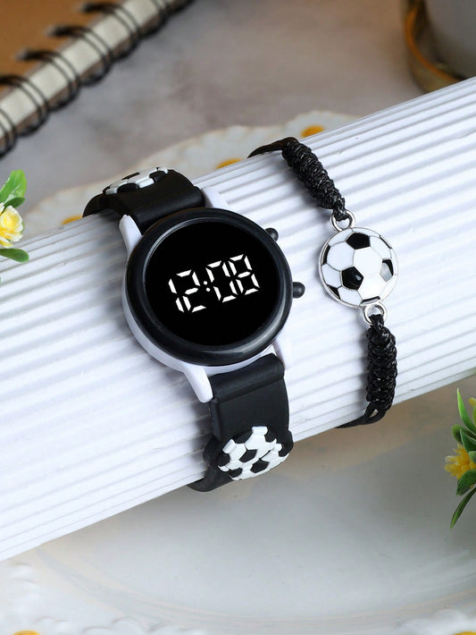 1pc Dry Battery Powered Led Football Printed Circular Cute Wristband Watch & 1pc Football Printed Bracelet Suitable For Daily Wear, Boys & Girls