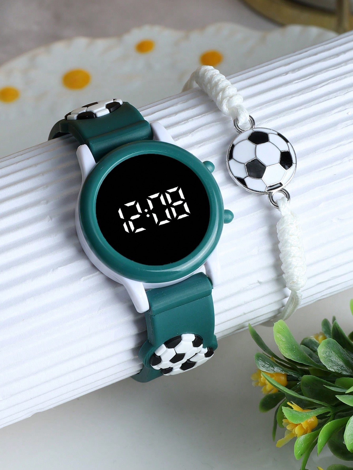 1pc Dry Battery Powered Led Football Printed Circular Cute Wristband Watch & 1pc Football Printed Bracelet Suitable For Daily Wear, Boys & Girls