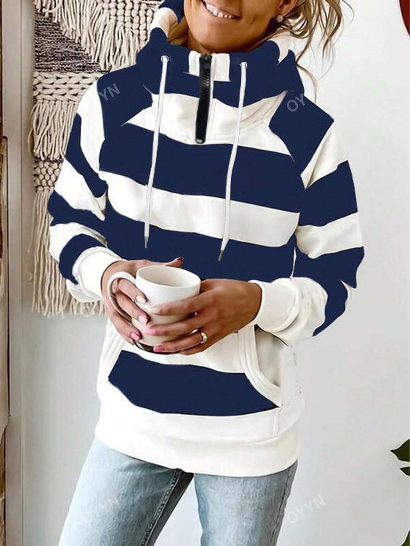 Striped Print Half Zip Drawstring Hoodie